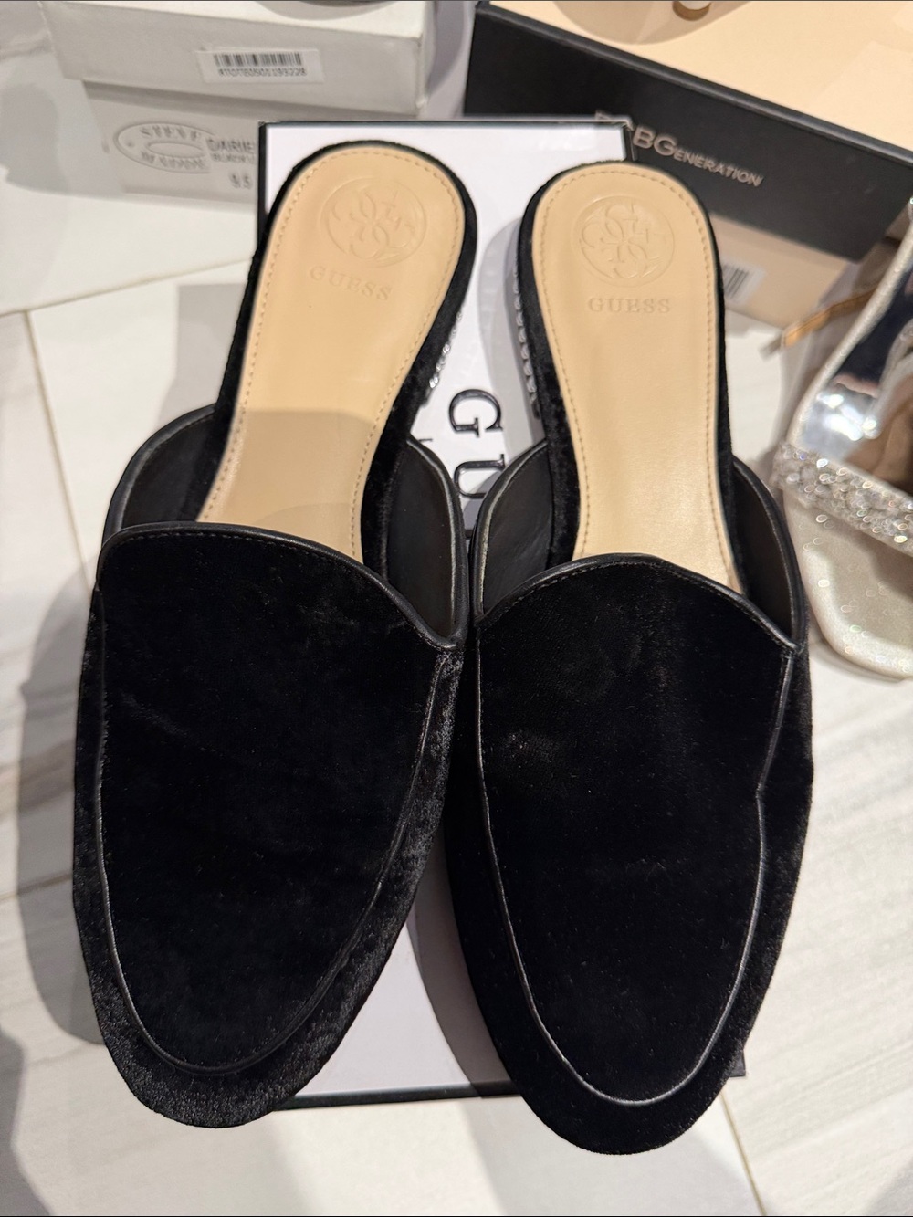 GUESS Black Velvet Slip-On Mule Loafers